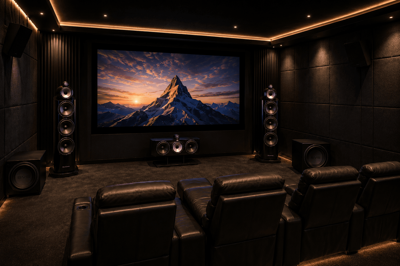 Lakeside residence private cinema with projection and seating.